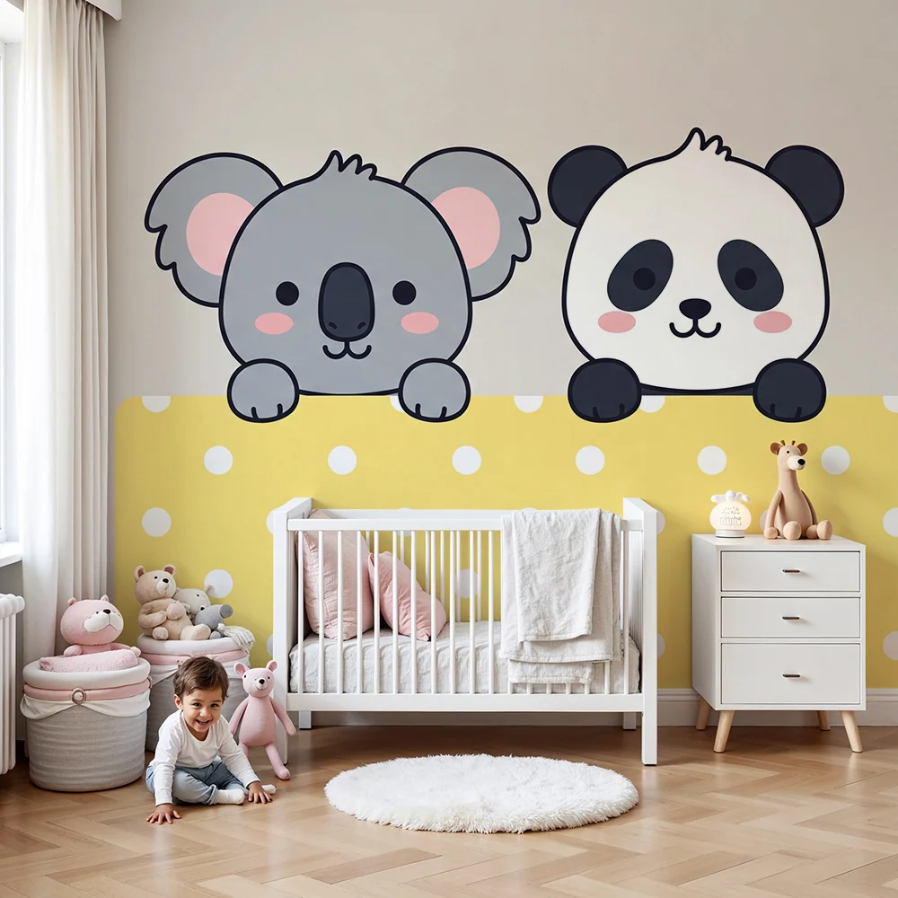 Papier peint chambre bébé | Koala et panda adorables sur fond jaune à pois