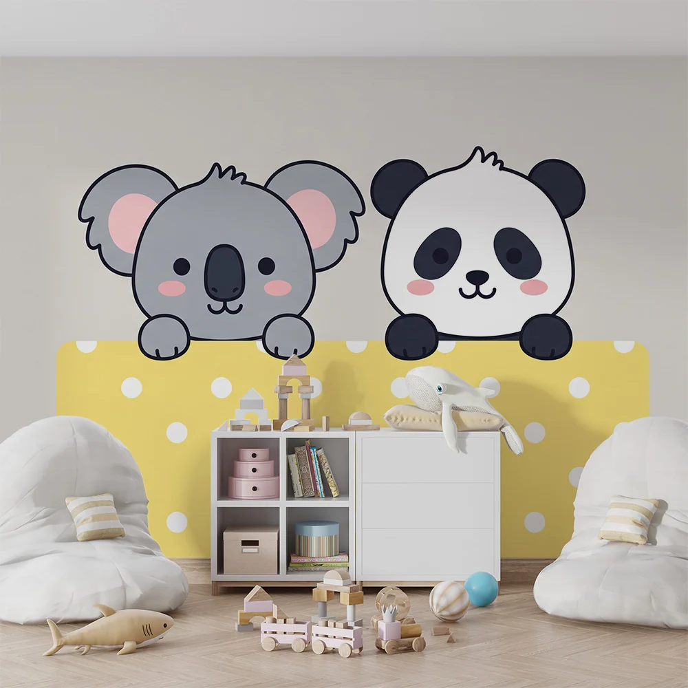 Papier peint chambre bébé | Koala et panda adorables sur fond jaune à pois