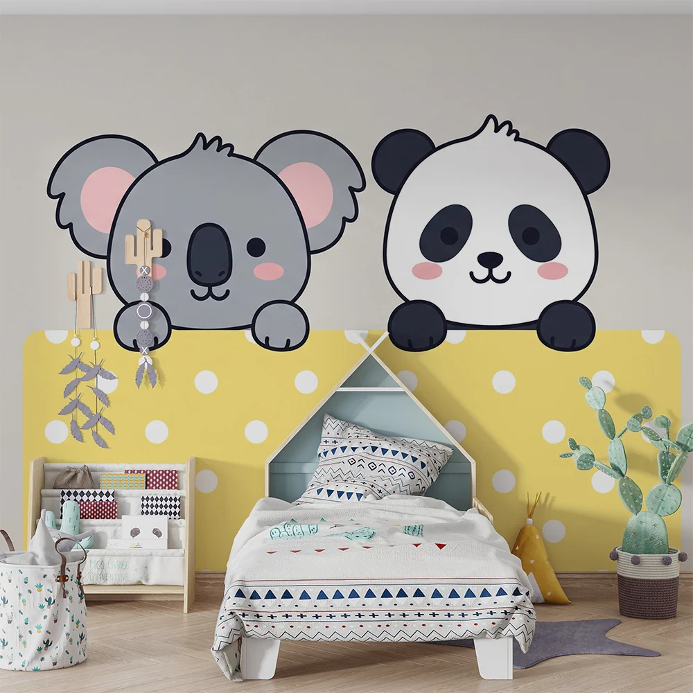 Papier peint chambre bébé | Koala et panda adorables sur fond jaune à pois
