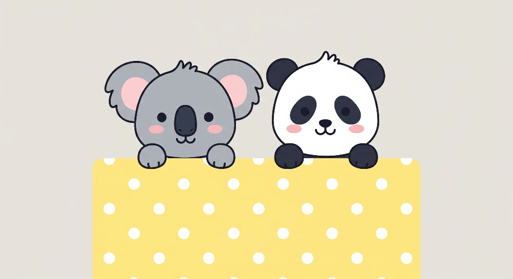 Papier peint chambre bébé | Koala et panda adorables sur fond jaune à pois