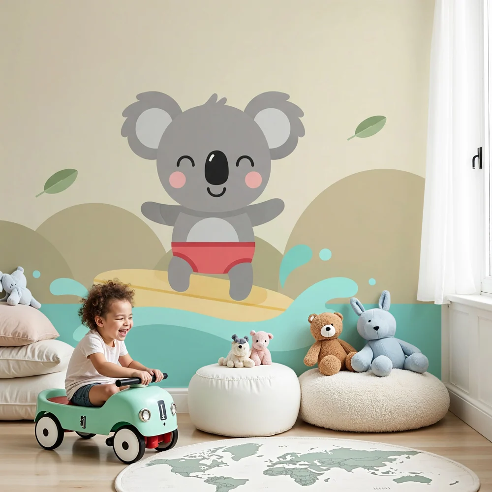 Papier peint chambre bébé | Koala surfeur et nature apaisante