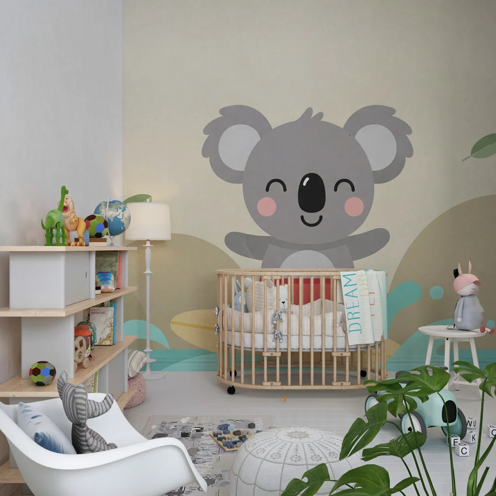 Papier peint chambre bébé | Koala surfeur et nature apaisante