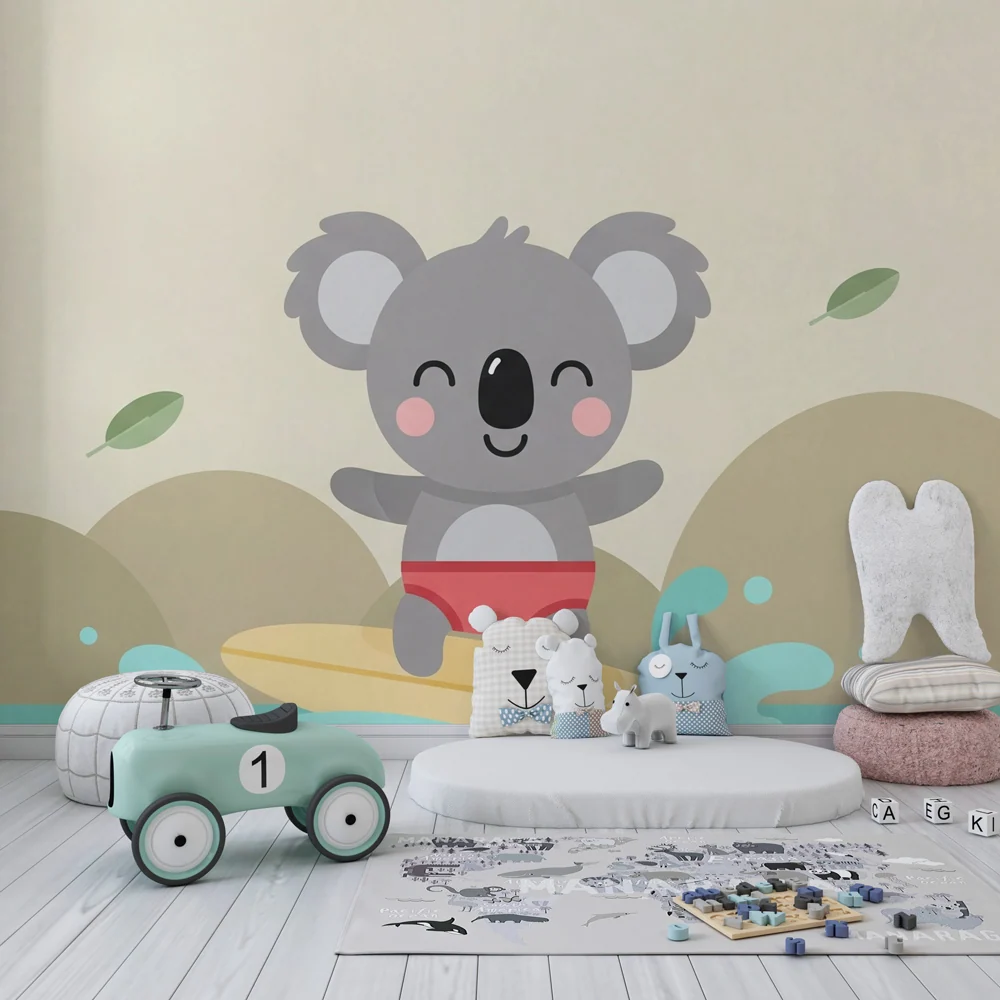 Papier peint chambre bébé | Koala surfeur et nature apaisante