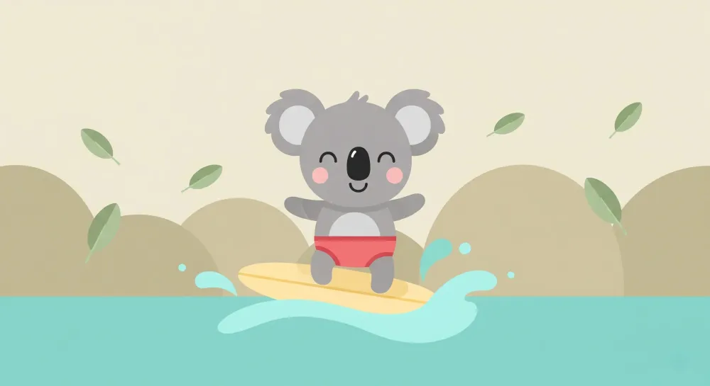 Papier peint chambre bébé | Koala surfeur et nature apaisante