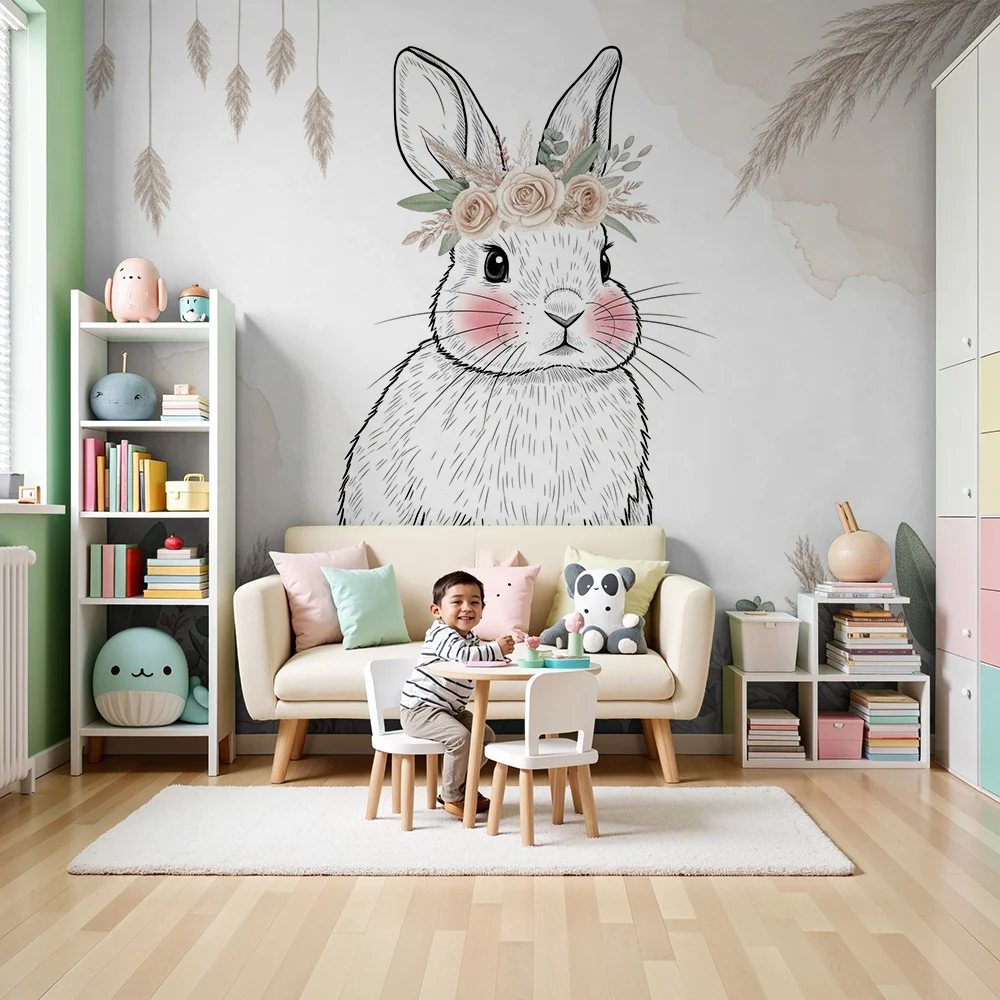 Papier peint chambre bébé | Lapin délicat et fleurs douces