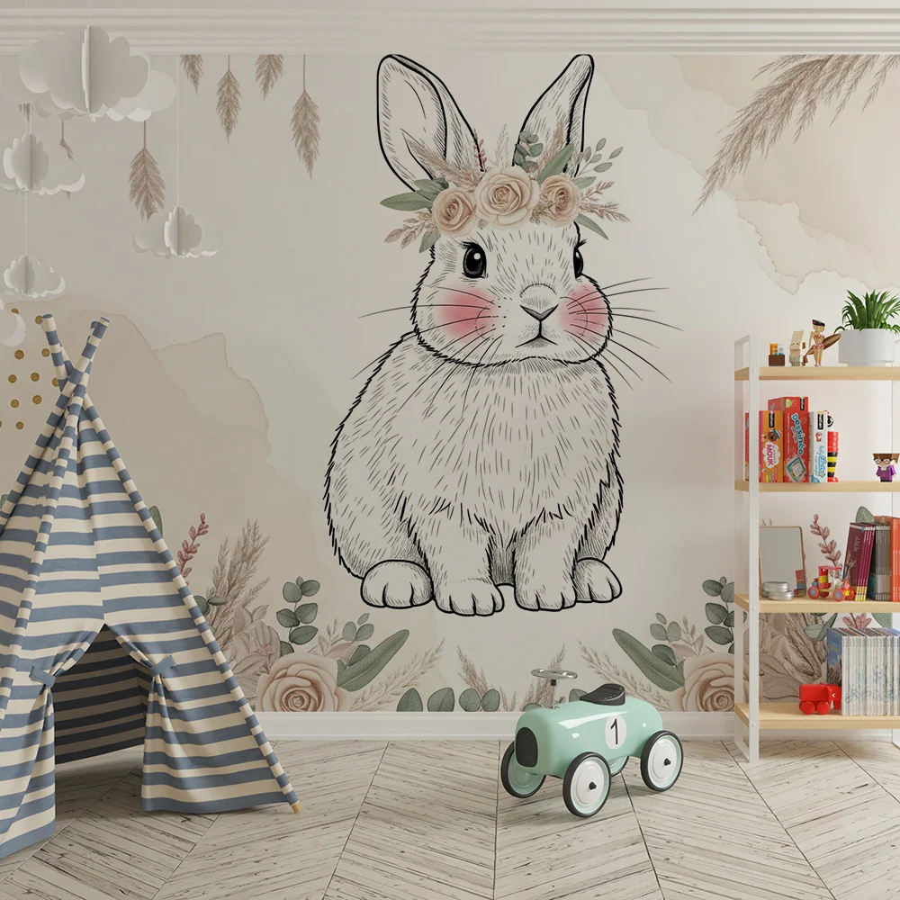 Papier peint chambre bébé | Lapin délicat et fleurs douces