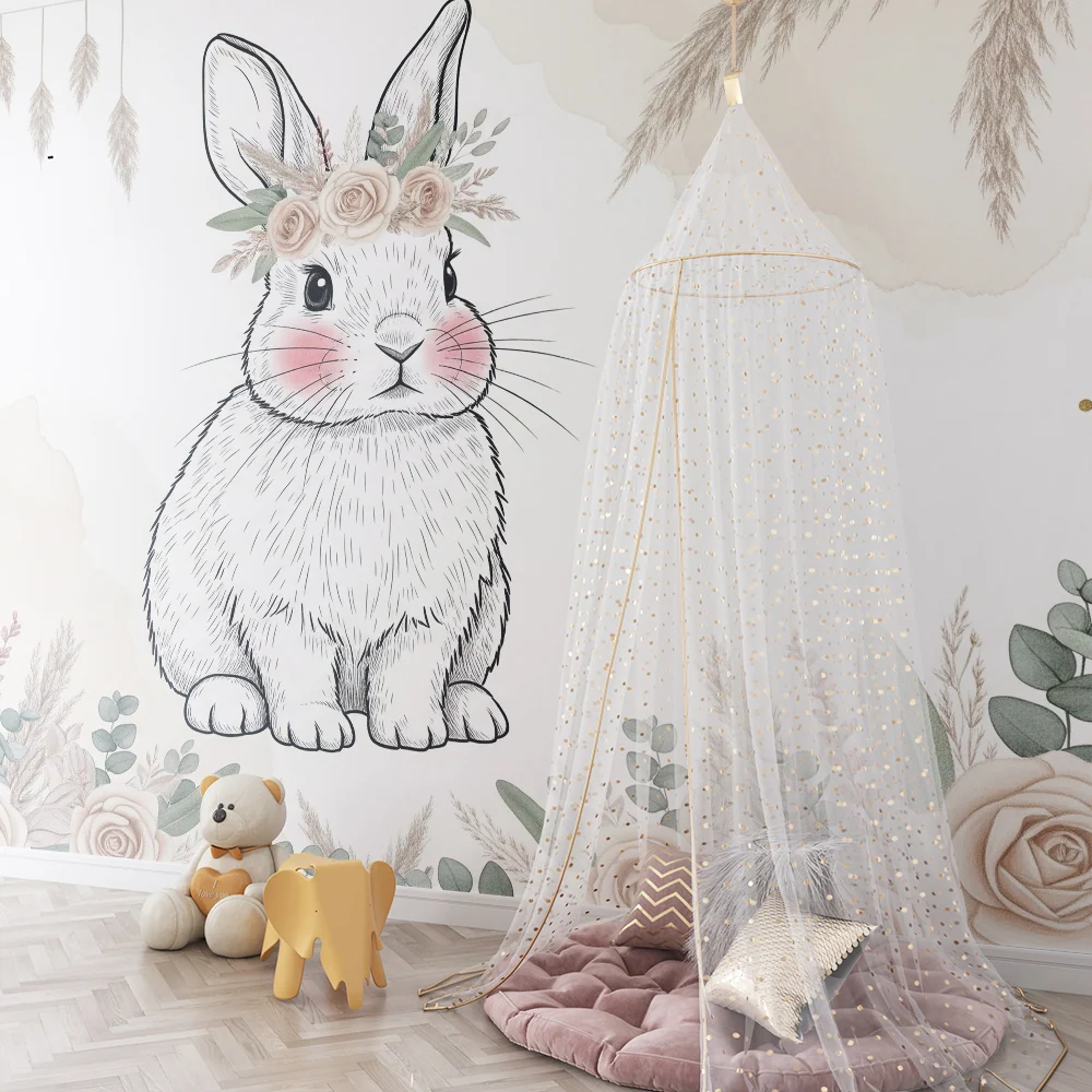Papier peint chambre bébé | Lapin délicat et fleurs douces