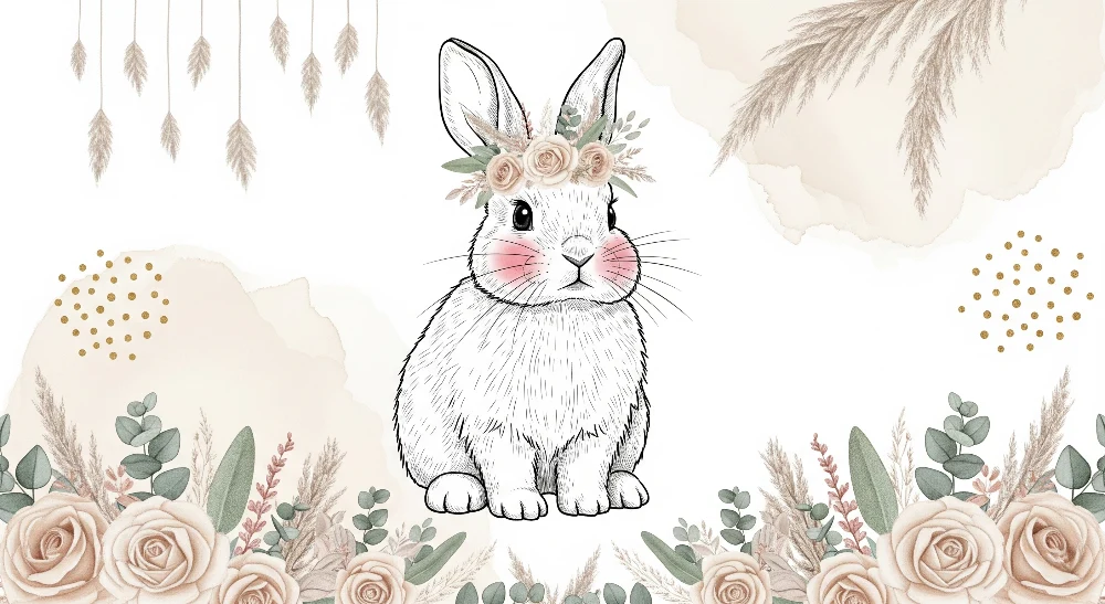 Papier peint chambre bébé | Lapin délicat et fleurs douces
