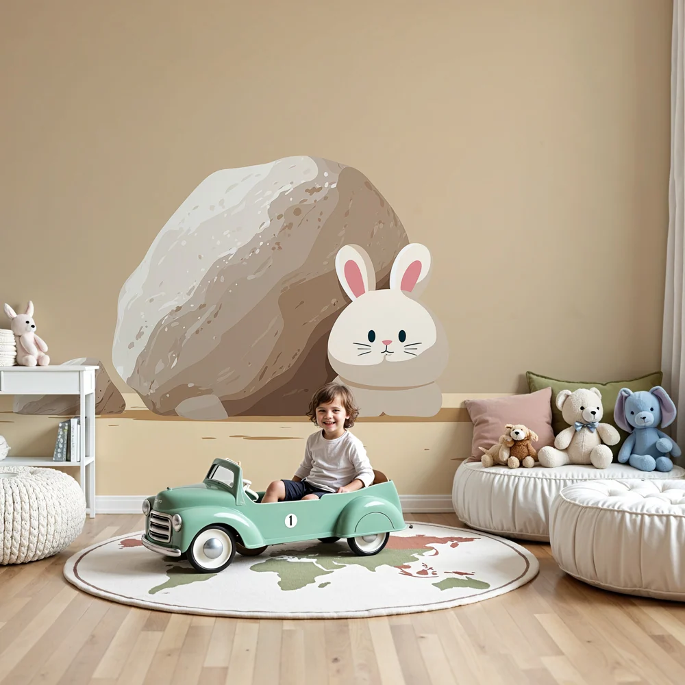 Papier peint chambre bébé | Lapin mignon caché derrière une pierre