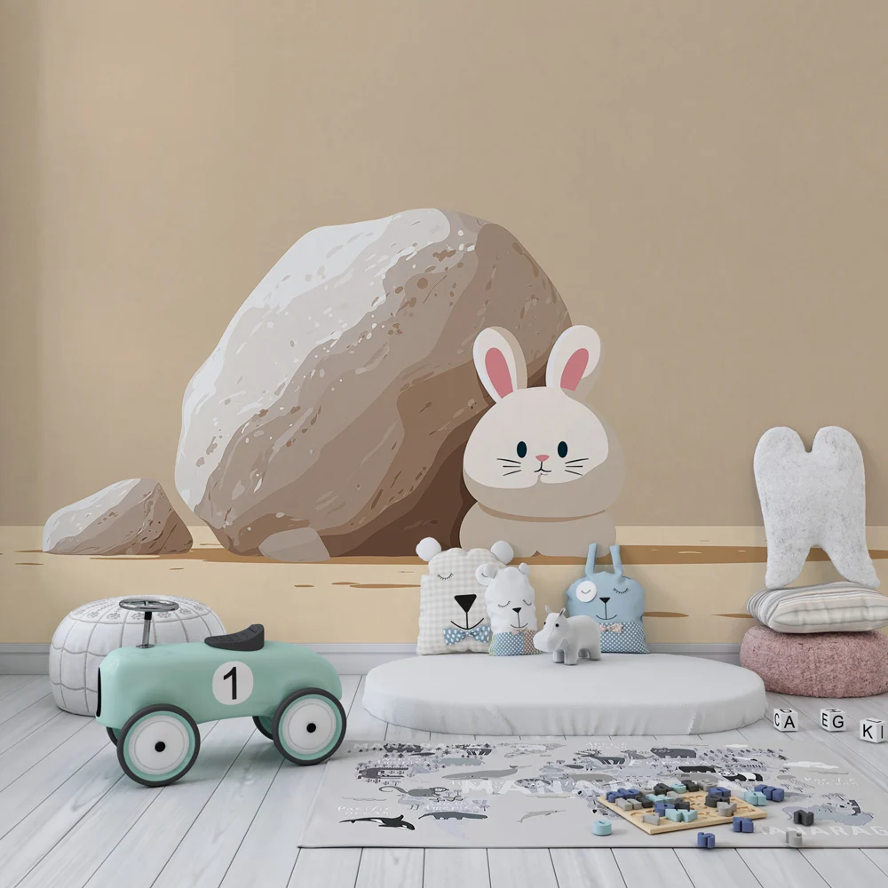 Papier peint chambre bébé | Lapin mignon caché derrière une pierre