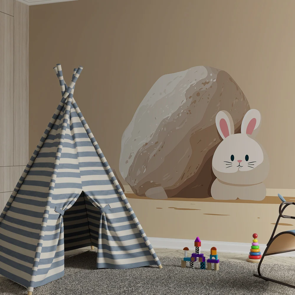 Papier peint chambre bébé | Lapin mignon caché derrière une pierre