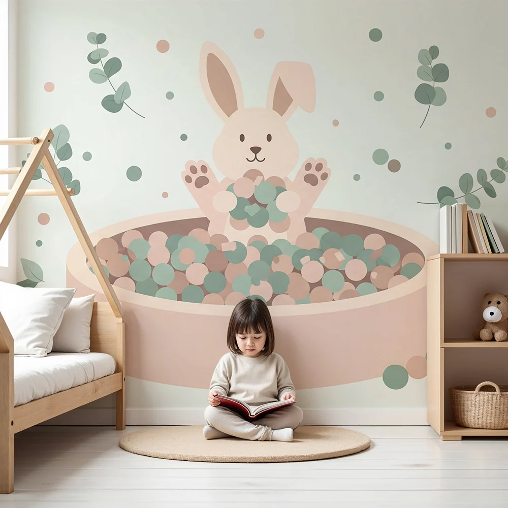 Papier peint chambre bébé | Lapin mignon dans un bac de balles colorées