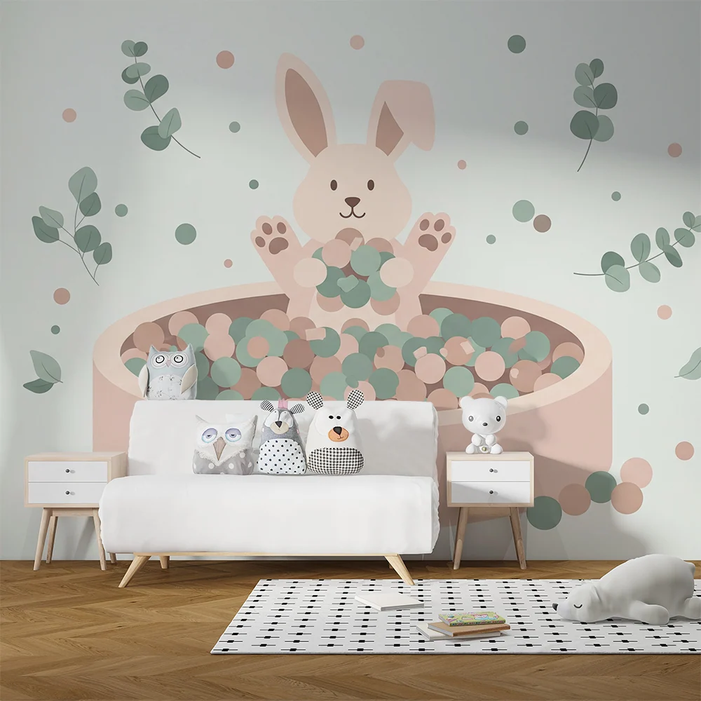 Papier peint chambre bébé | Lapin mignon dans un bac de balles colorées