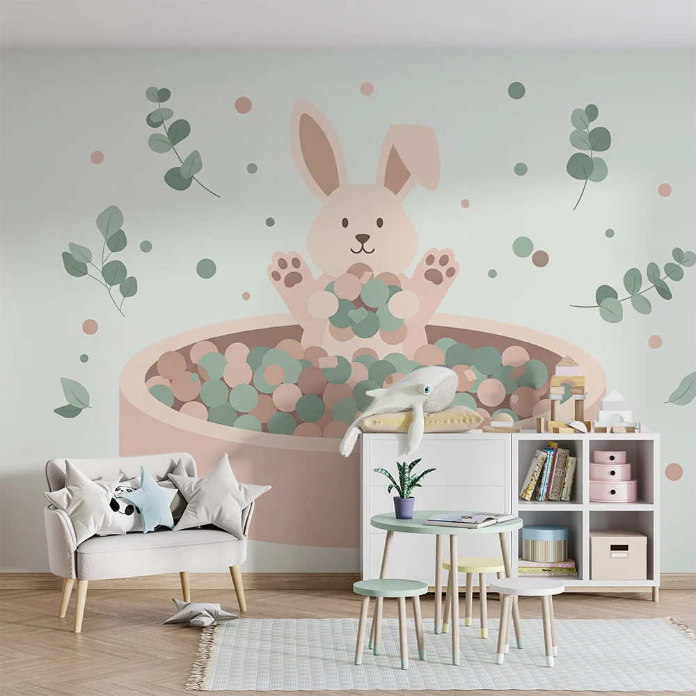 Papier peint chambre bébé | Lapin mignon dans un bac de balles colorées