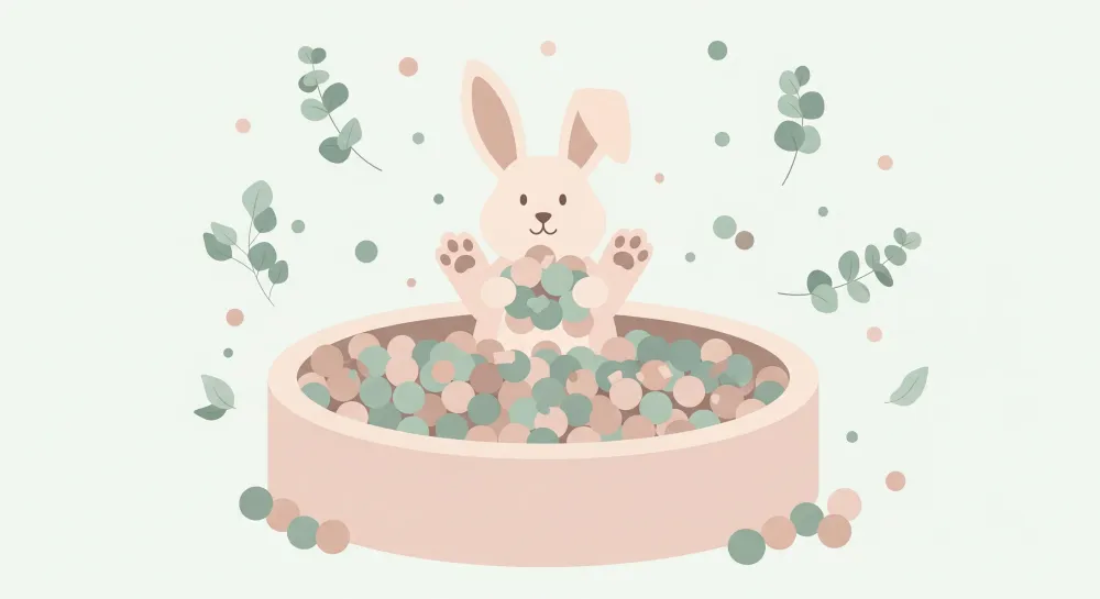 Papier peint chambre bébé | Lapin mignon dans un bac de balles colorées