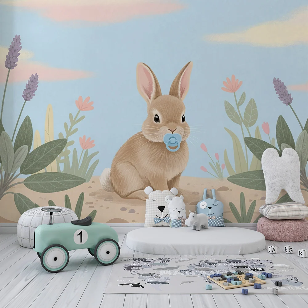 Papier peint chambre bébé | Lapin mignon et fleurs colorées