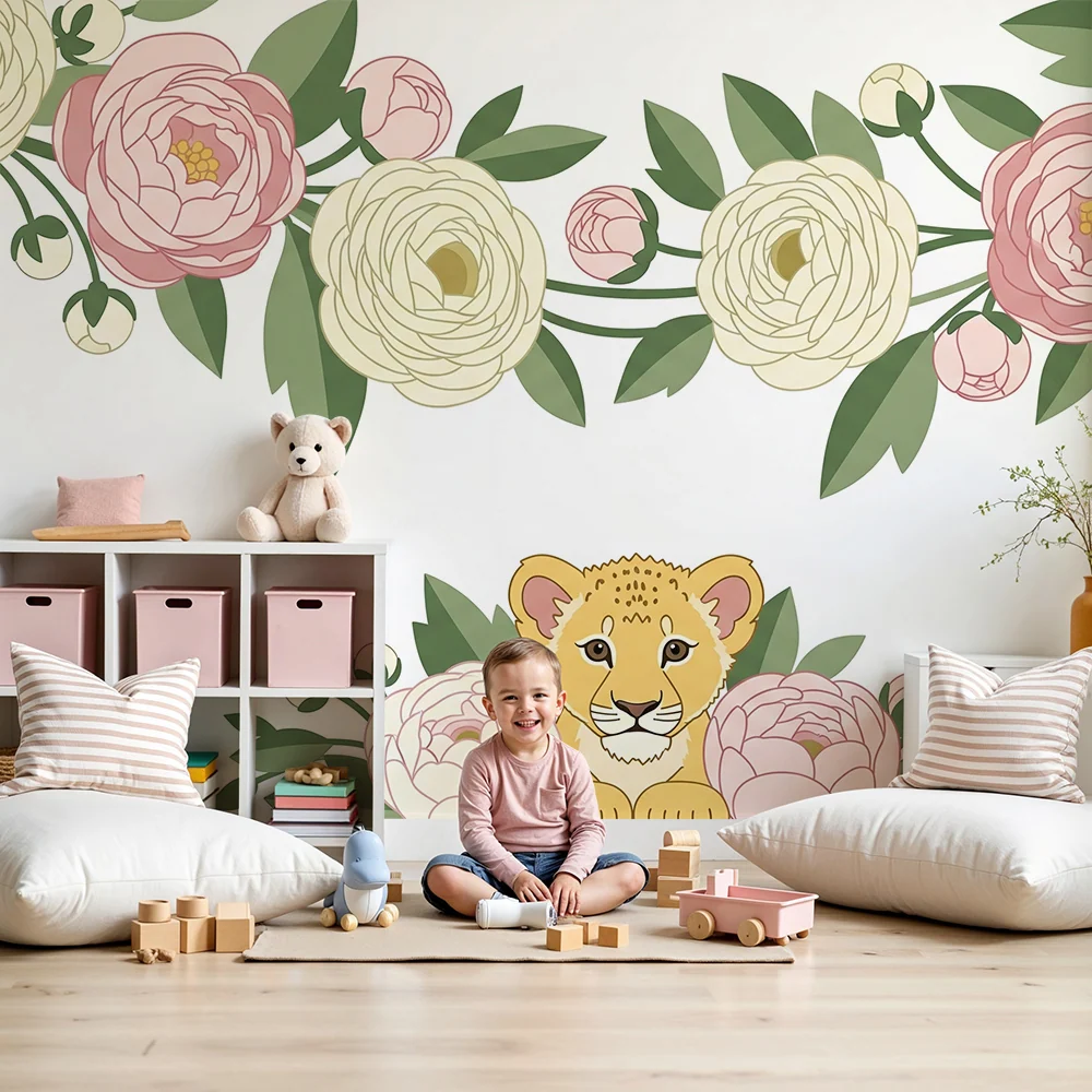 Papier peint chambre bébé | Bébé lion entouré de fleurs
