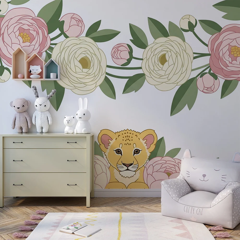 Papier peint chambre bébé | Bébé lion entouré de fleurs