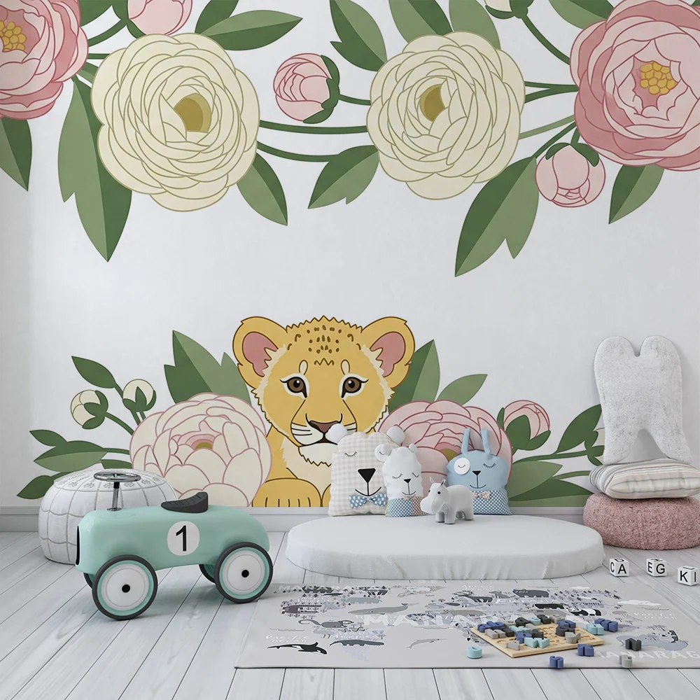 Papier peint chambre bébé | Bébé lion entouré de fleurs