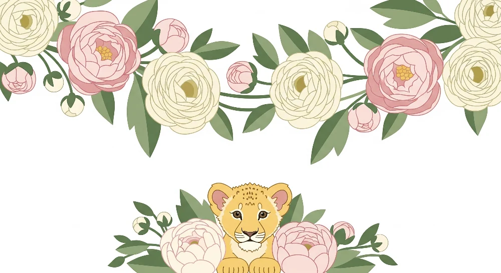 Papier peint chambre bébé | Bébé lion entouré de fleurs