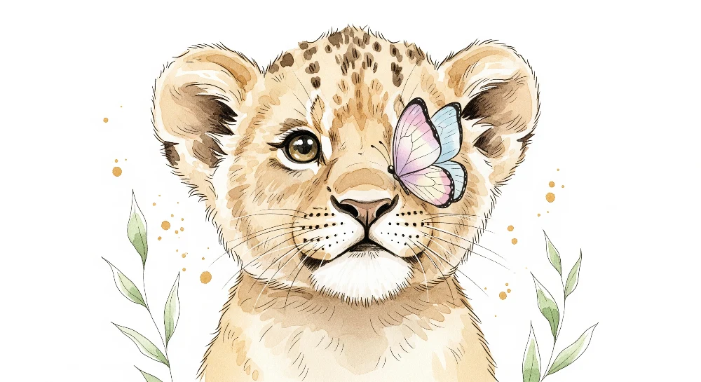 Papier peint chambre bébé | Lionceau adorable avec un papillon coloré