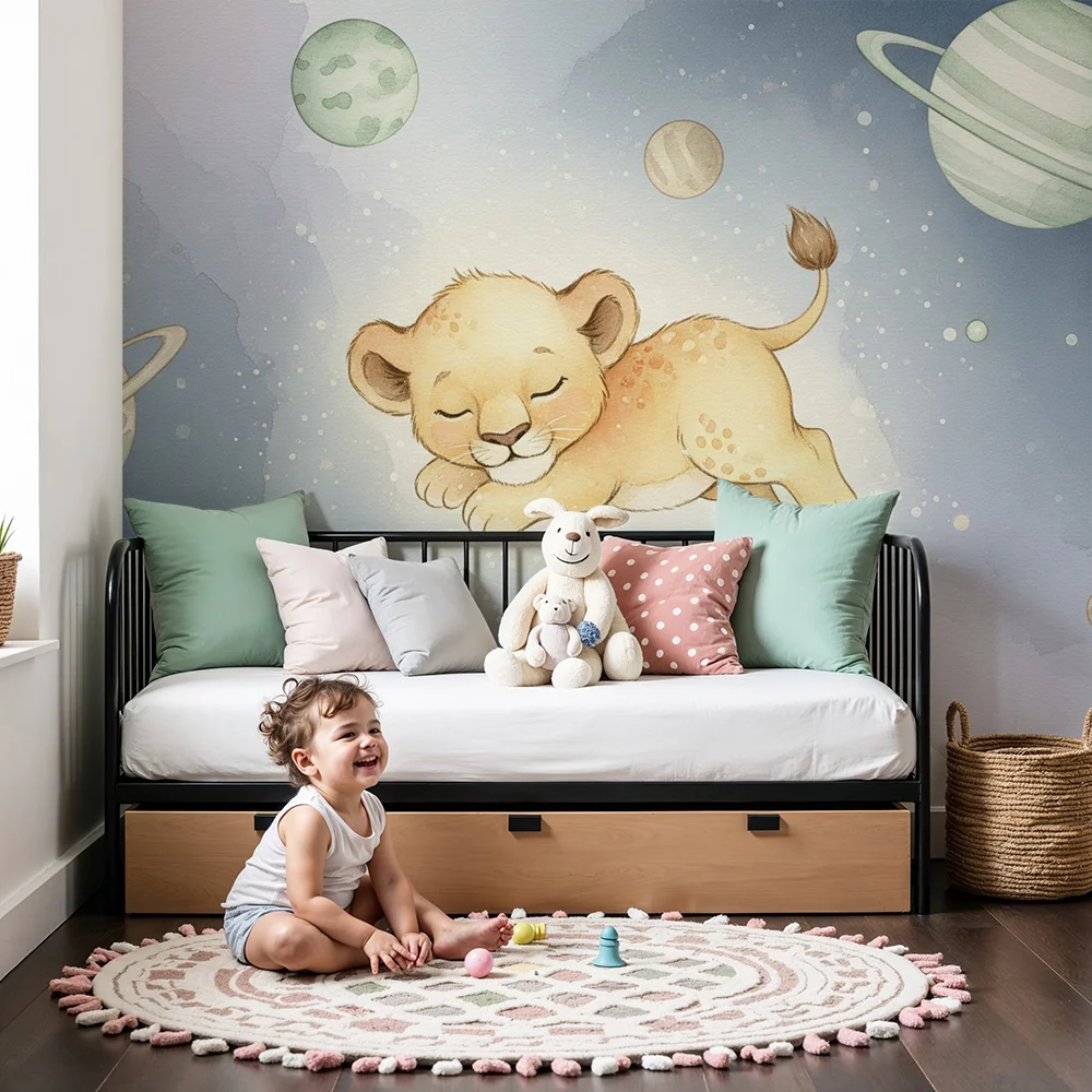 Papier peint chambre bébé | Lionceau endormi dans l'espace