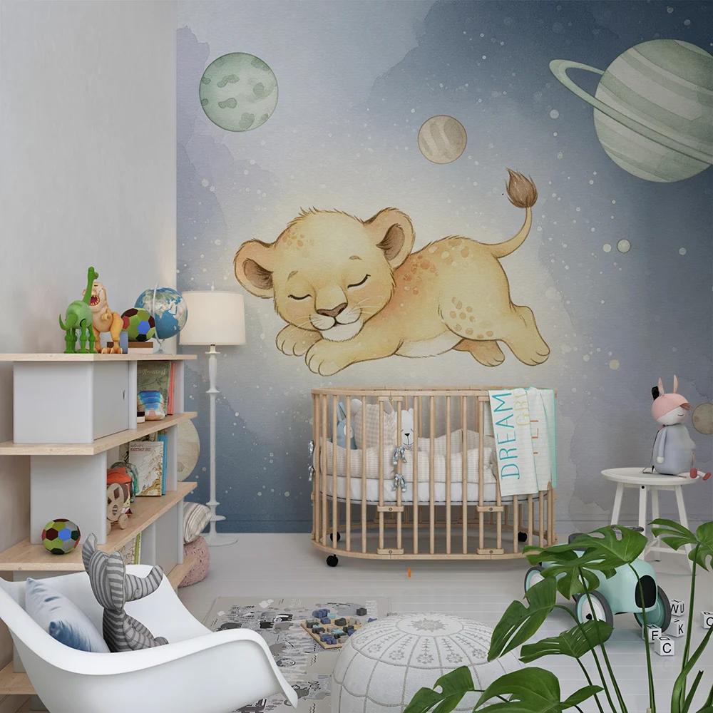 Papier peint chambre bébé | Lionceau endormi dans l'espace