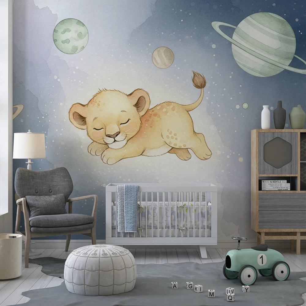 Papier peint chambre bébé | Lionceau endormi dans l'espace