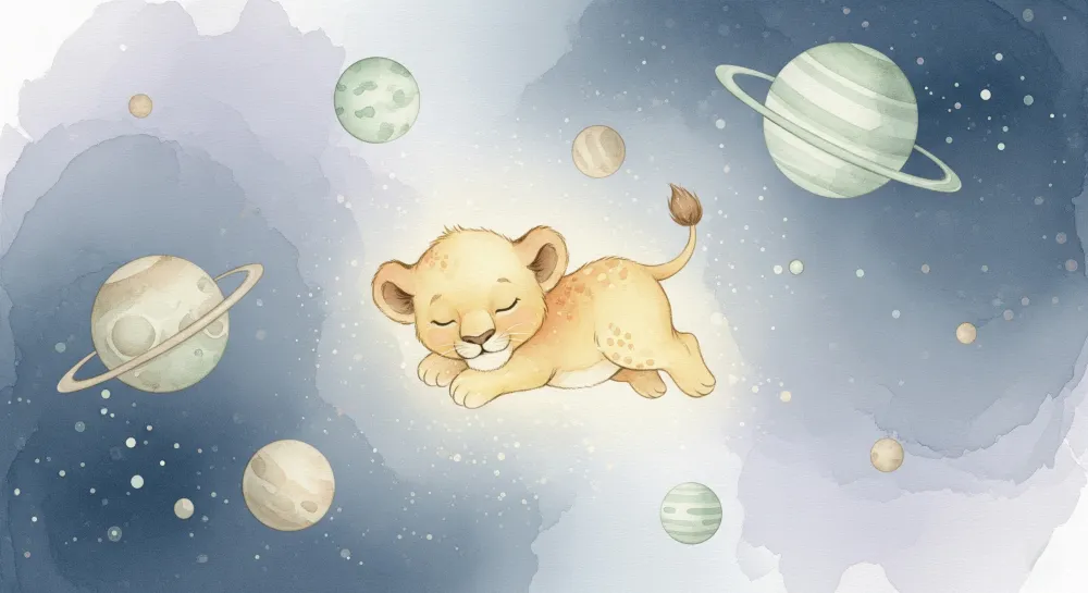 Papier peint chambre bébé | Lionceau endormi dans l'espace