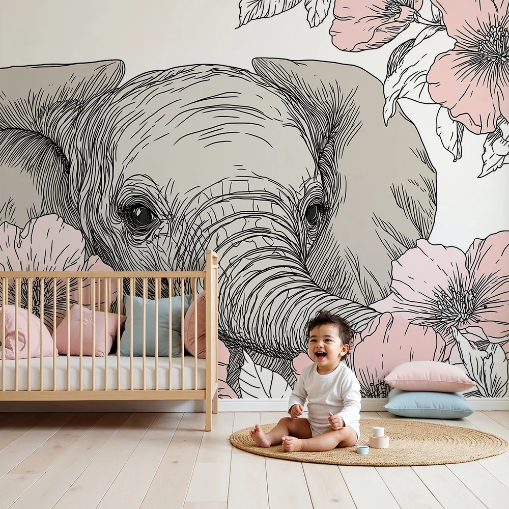 Papier peint chambre bébé | Éléphant délicat entouré de fleurs roses