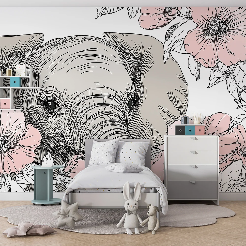 Papier peint chambre bébé | Éléphant délicat entouré de fleurs roses