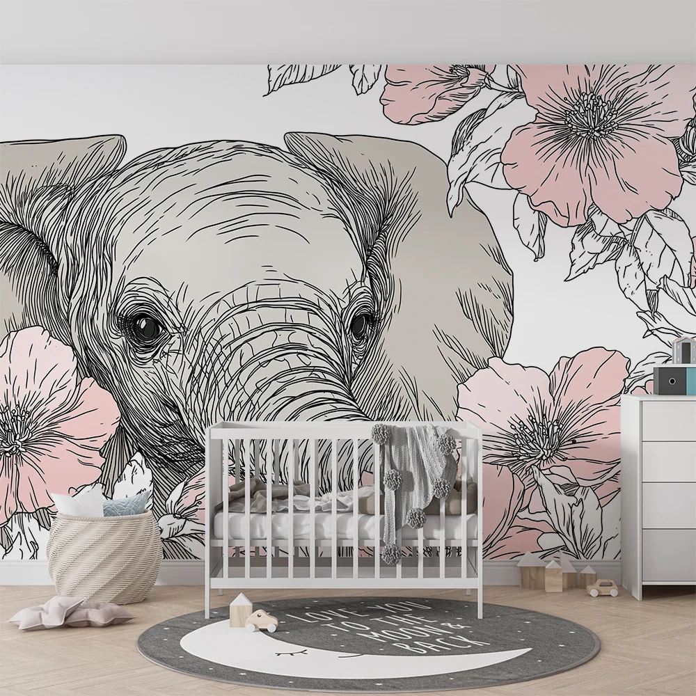 Papier peint chambre bébé | Éléphant délicat entouré de fleurs roses