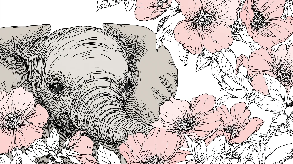 Papier peint chambre bébé | Éléphant délicat entouré de fleurs roses