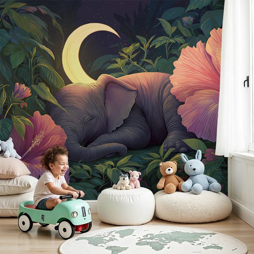 Papier peint chambre bébé | Éléphant endormi sous la lune entouré de fleurs d'hibiscus