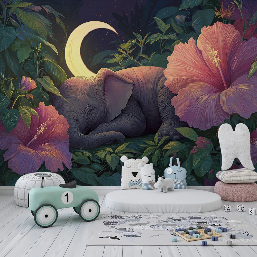 Papier peint chambre bébé | Éléphant endormi sous la lune entouré de fleurs d'hibiscus