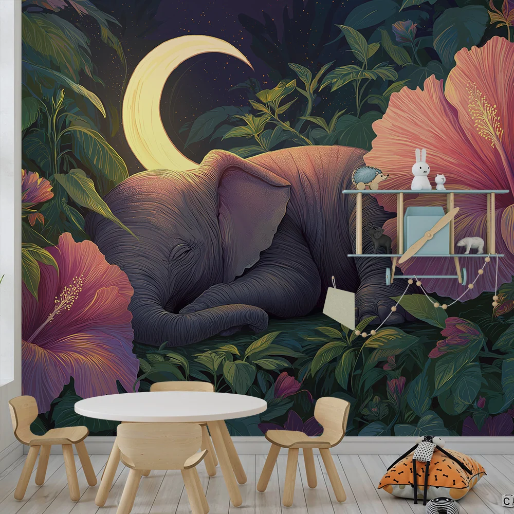 Papier peint chambre bébé | Éléphant endormi sous la lune entouré de fleurs d'hibiscus