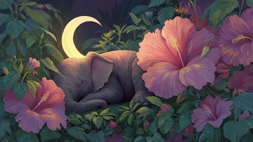 Papier peint chambre bébé | Éléphant endormi sous la lune entouré de fleurs d'hibiscus
