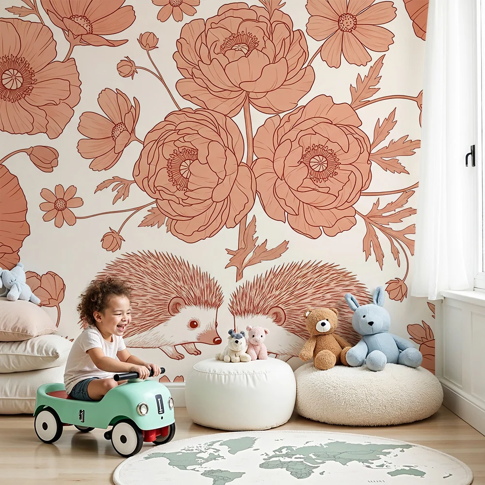 Papier peint chambre bébé | Éléphants et fleurs délicates