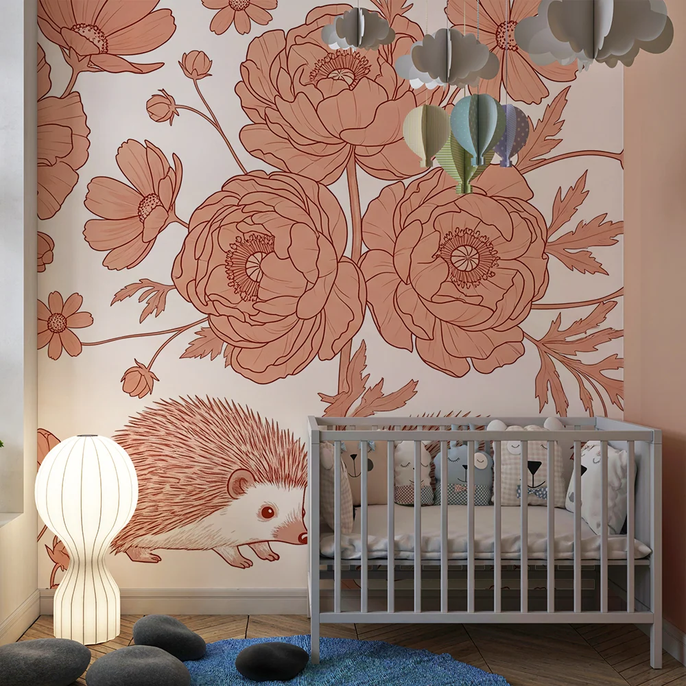 Papier peint chambre bébé | Éléphants et fleurs délicates
