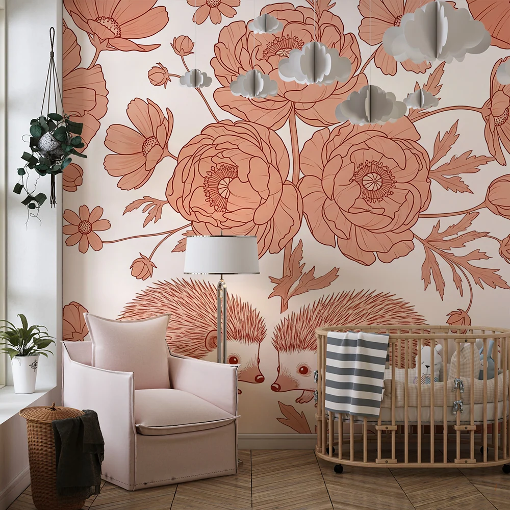 Papier peint chambre bébé | Éléphants et fleurs délicates