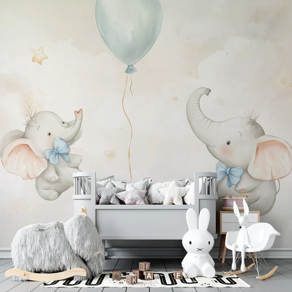 Papier peint chambre bébé | Éléphants rêveurs et ballons pastel flottants