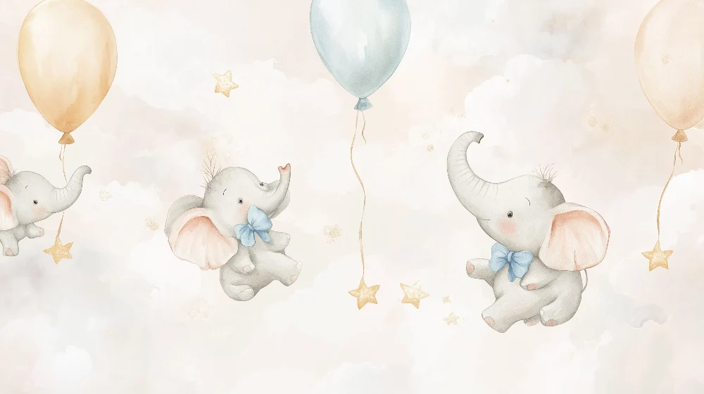 Papier peint chambre bébé | Éléphants rêveurs et ballons pastel flottants