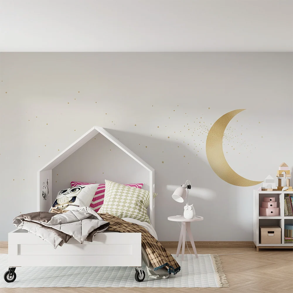 Papier peint chambre bébé | Lune dorée et étoiles à éclats scintillants