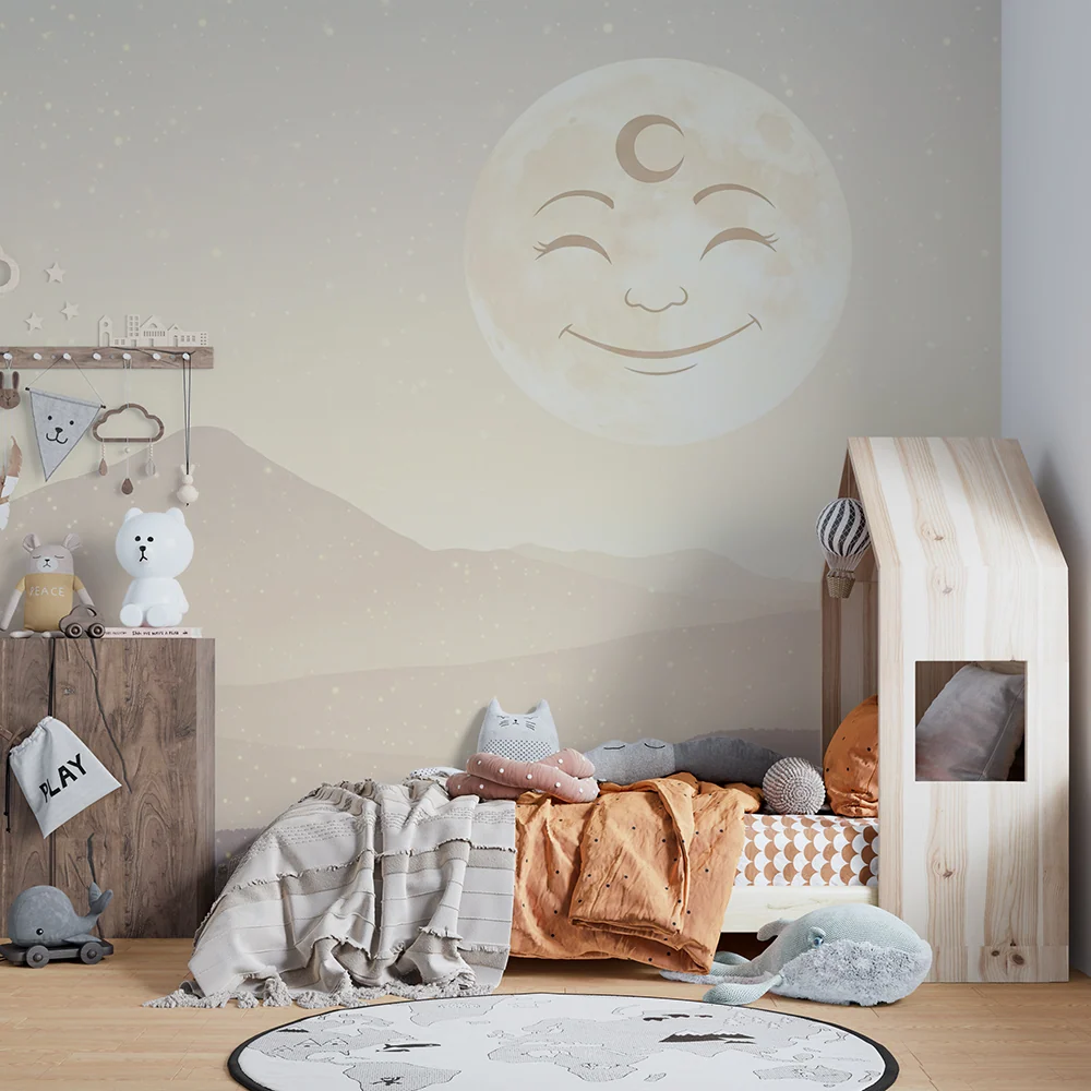 Papier peint chambre bébé | Lune souriante et paysages doux