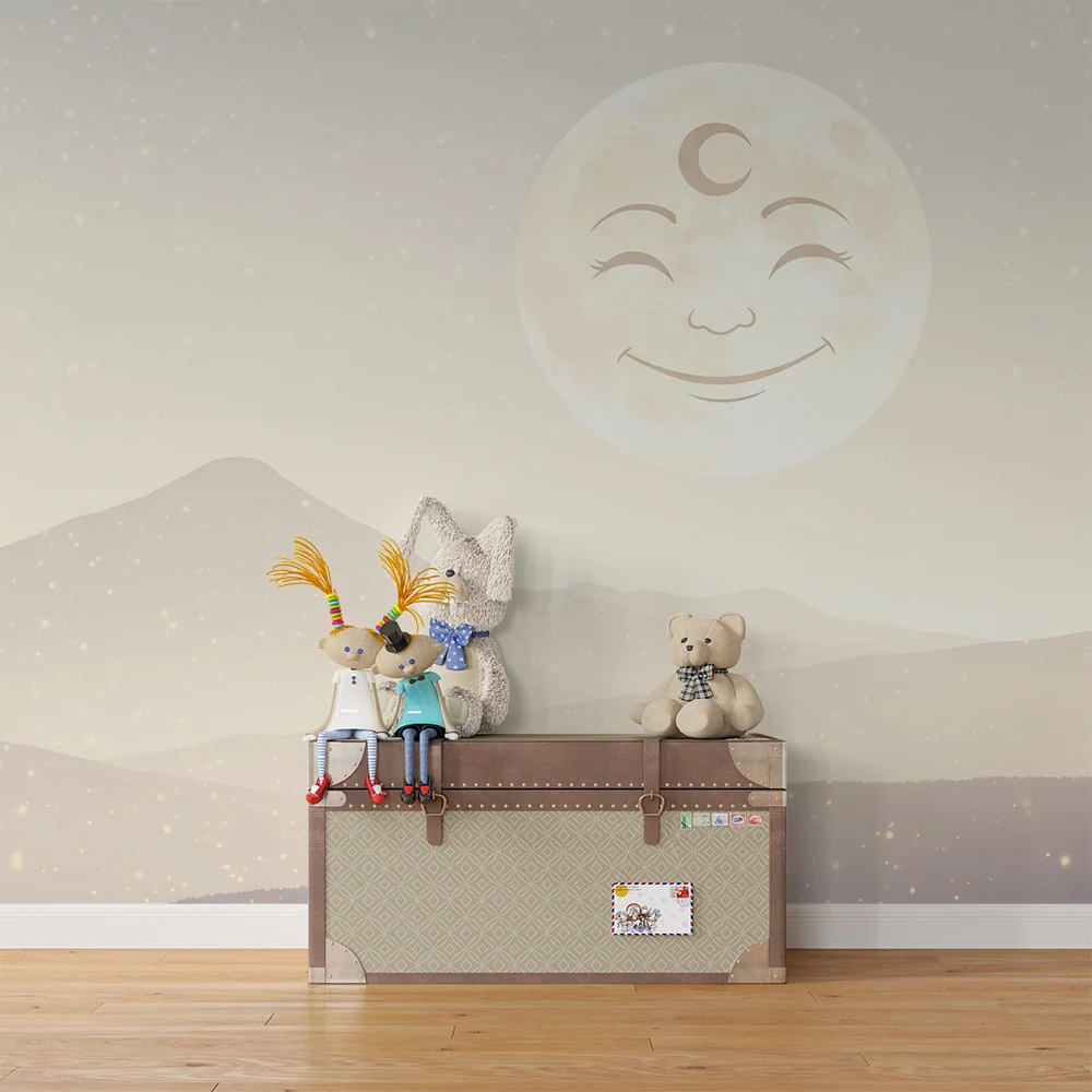 Papier peint chambre bébé | Lune souriante et paysages doux