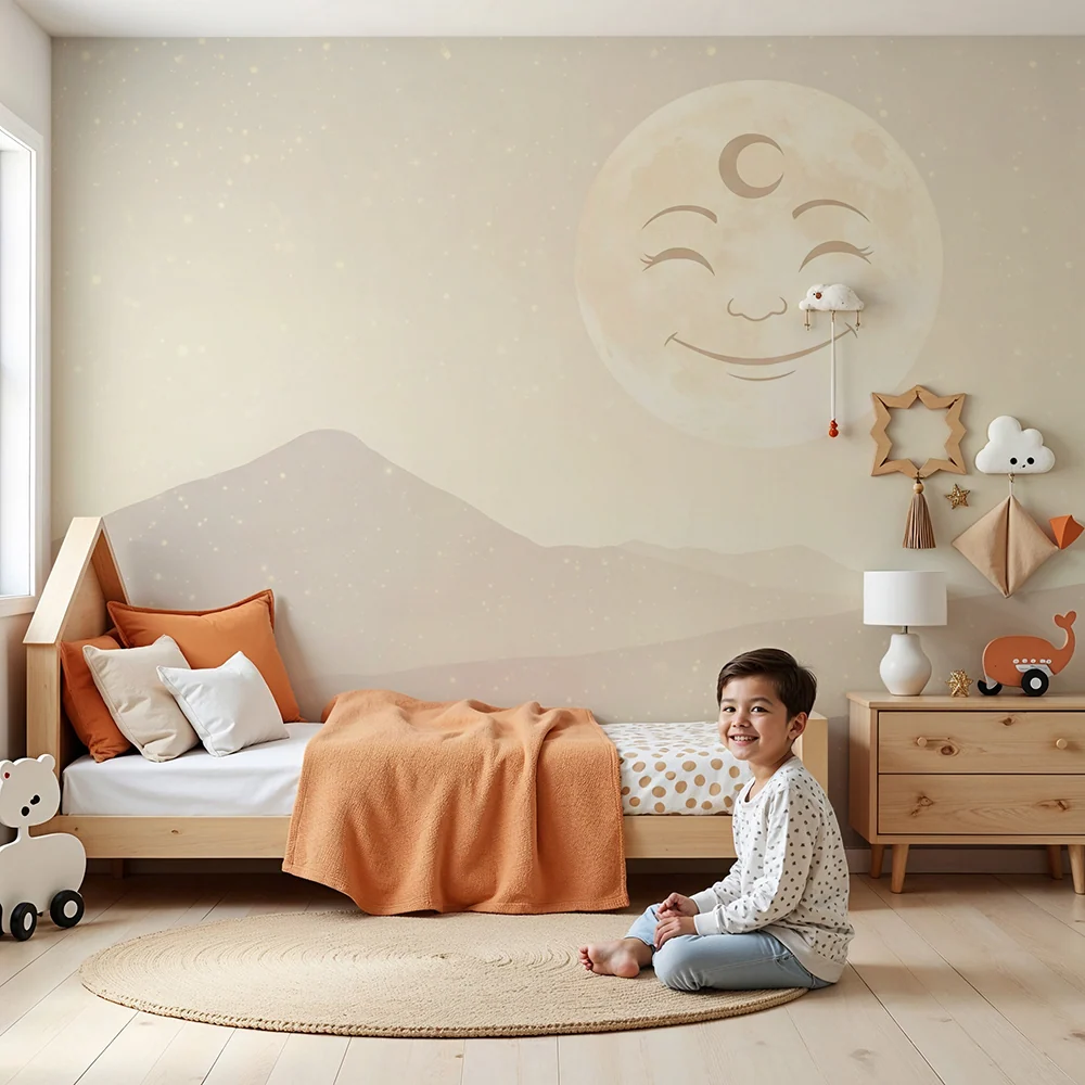 Papier peint chambre bébé | Lune souriante et paysages doux