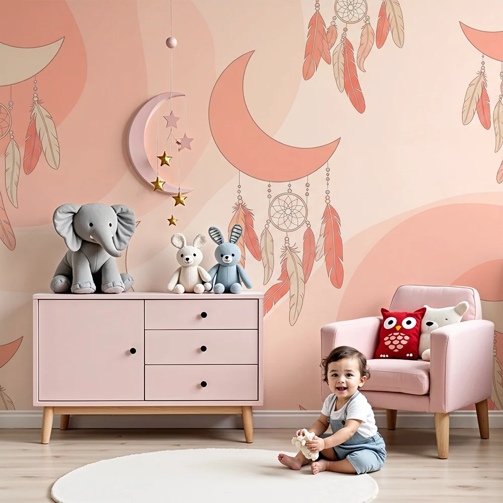 Papier peint chambre bébé | Lunes et attrapes-rêves dans des tons doux de rose
