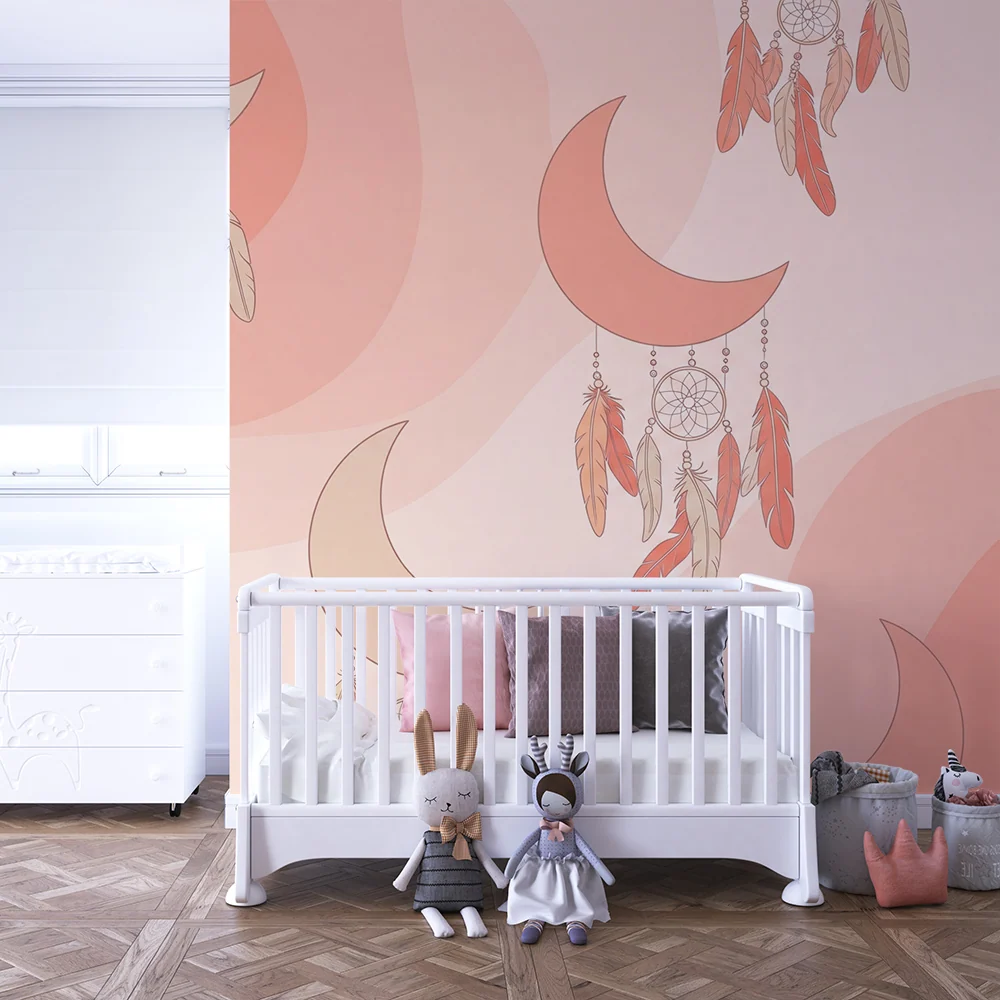 Papier peint chambre bébé | Lunes et attrapes-rêves dans des tons doux de rose