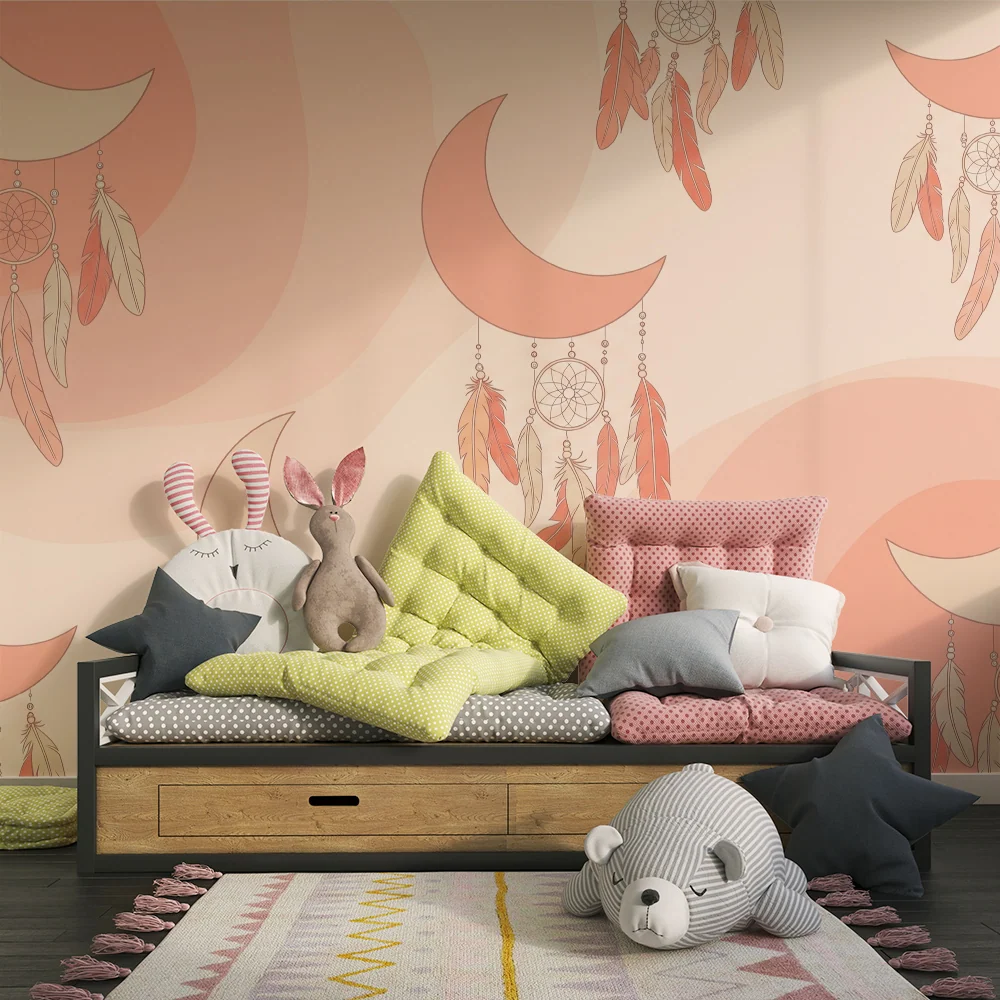 Papier peint chambre bébé | Lunes et attrapes-rêves dans des tons doux de rose