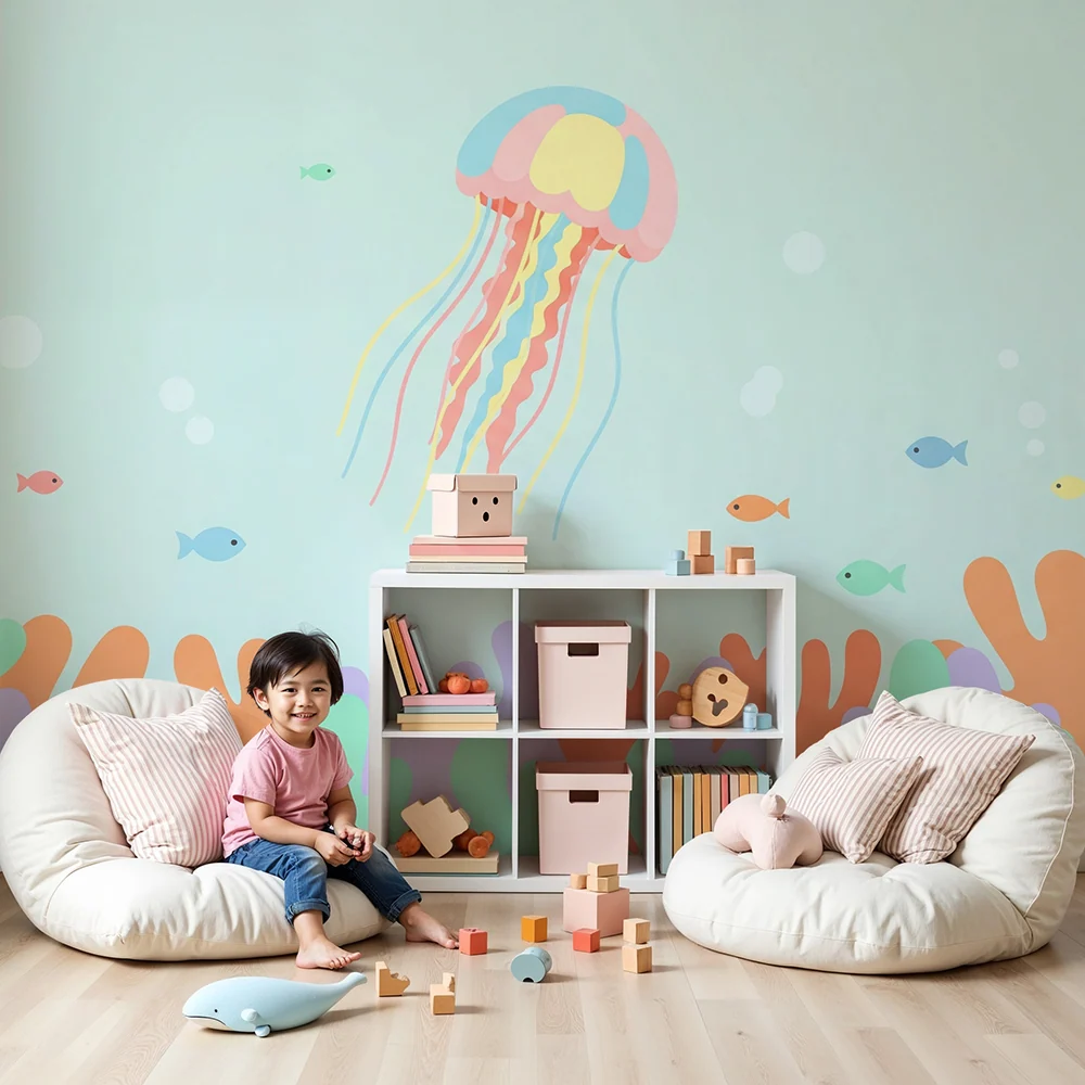 Papier peint chambre bébé | Méduse colorée et poissons dans un fond marin apaisant